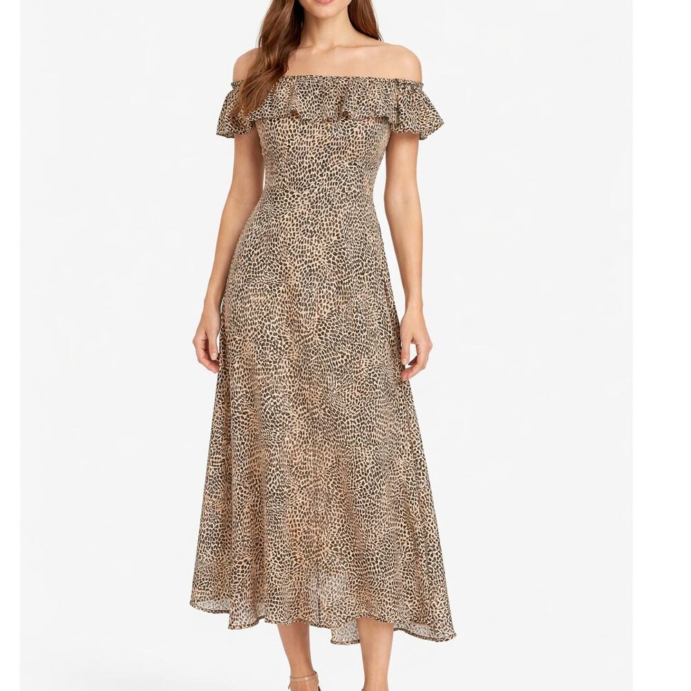 Maia Bergman Off Shoulder Leopard Print Cotton Midi Maxi Dress Women's Med